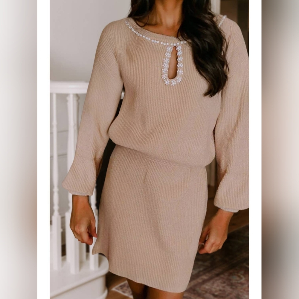 Knit Pearl Key Hole Sweater Classic Dress